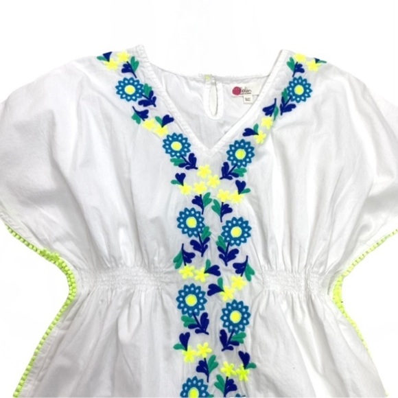 BODEN Girls Floral Embroidered Mexican Kaftan Dress in White / Blue/ Neon Yellow - Picture 3 of 10